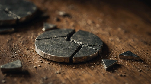 Rozbitý neodymový magnet na dřevěném stole, ukazující křehkost a omezenou odolnost magnetů při používání v geocachingu.