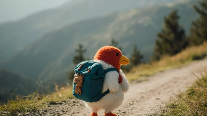 Plyšový pták s batohem putuje po horské stezce s výhledem do údolí – symbol nové geocachingové kolekce Pokladů „Pozorování plyšových ptáků“.