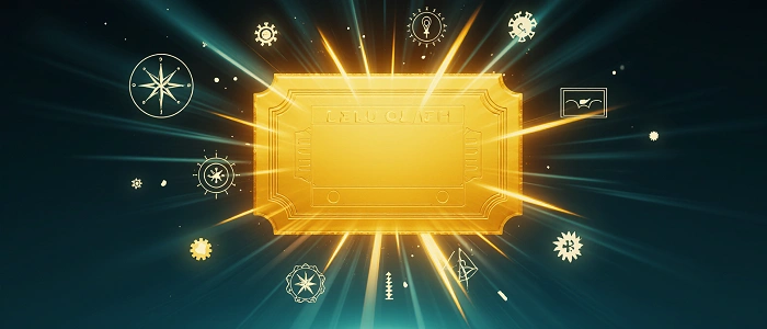 Zlatá vstupenka symbolizující prémiové členství v geocachingu a přechod na vyšší úroveň hry.