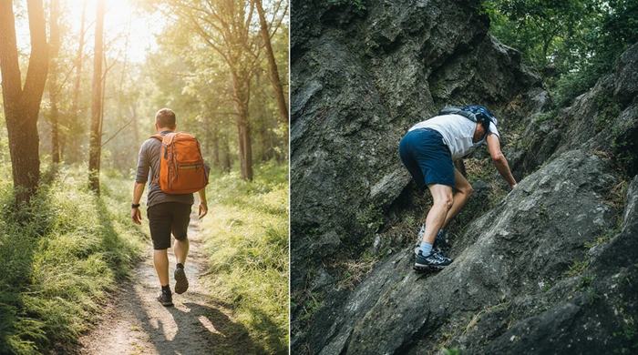 Dva geokačeři procházejí odlišným terénem – jeden po snadné stezce, druhý zdolává skalnatý svah, ukázka důležitosti správného hodnocení terénu.