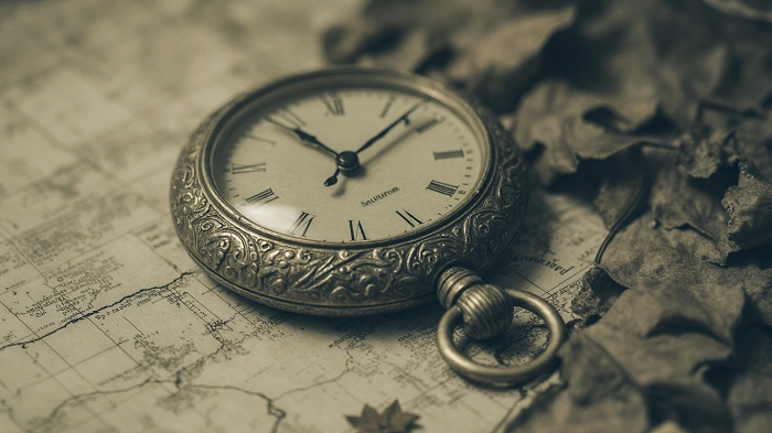 Detailní fotografie starých kapesních hodinek položených na mapě s podzimními listy, symbolizující plynutí času a 25 let geocachingu.