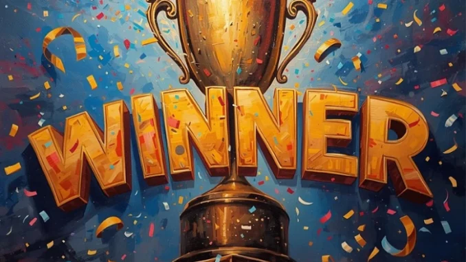 Zlatý pohár s nápisem WINNER a konfety ve vzduchu – symbol vítězství a radosti z FTF v geocachingu.