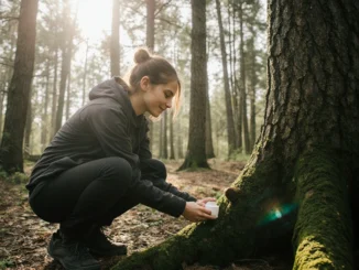 Geokačer nachází svou první keš ukrytou pod kořeny stromu v lese, v ruce drží malou krabičku s logbookem.