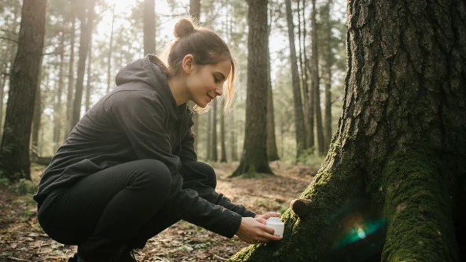 Geokačer nachází svou první keš ukrytou pod kořeny stromu v lese, v ruce drží malou krabičku s logbookem.