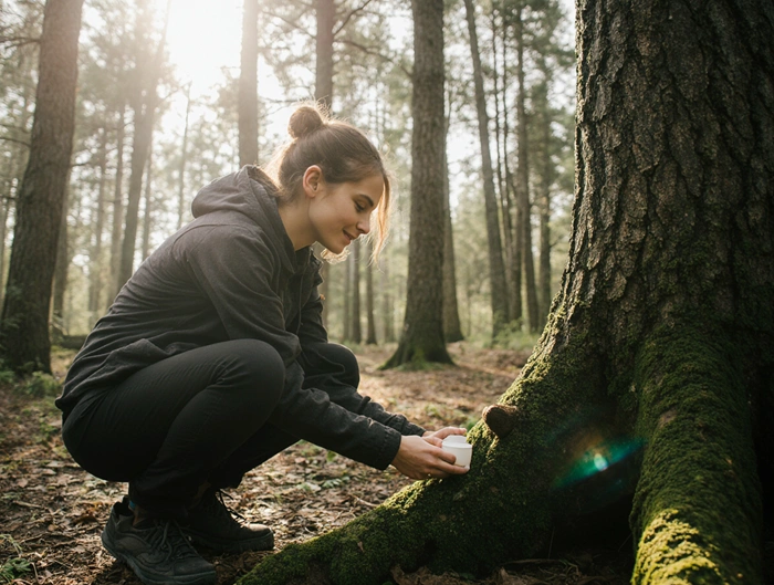 Geokačer nachází svou první keš ukrytou pod kořeny stromu v lese, v ruce drží malou krabičku s logbookem.