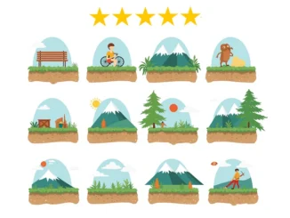 Geokačer porovnává různé typy terénu od městské stezky až po horský vrchol – ilustrace principu hodnocení terénu v geocachingu.