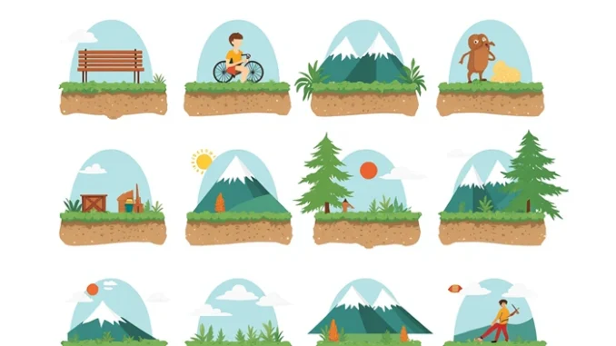 Geokačer porovnává různé typy terénu od městské stezky až po horský vrchol – ilustrace principu hodnocení terénu v geocachingu.