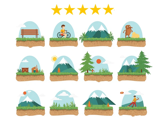 Geokačer porovnává různé typy terénu od městské stezky až po horský vrchol – ilustrace principu hodnocení terénu v geocachingu.