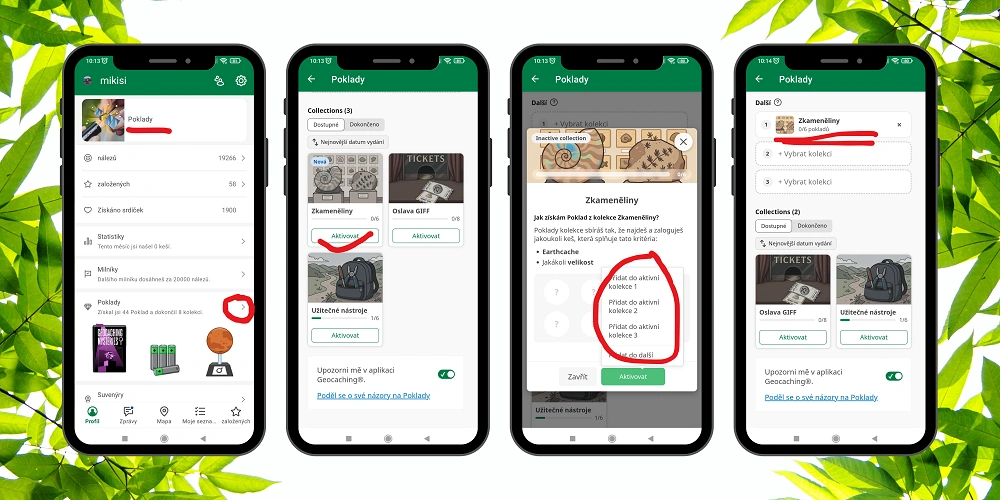 Ukázka aktivace kolekce geocachingových pokladů v mobilní aplikaci Geocaching – obrazovky s nastavením a výběrem kolekce „Fossils“.