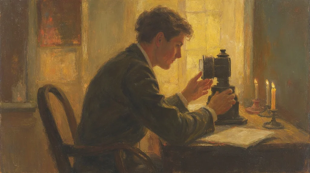 Umělecká ilustrace starého telegrafu osvětleného teplým světlem, symbolizujícího přetrvávající signál z minulosti.