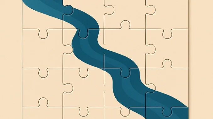 Puzzle s modře znázorněnou řekou – ilustrační obrázek ke kolekci River Expedition v geocachingu.