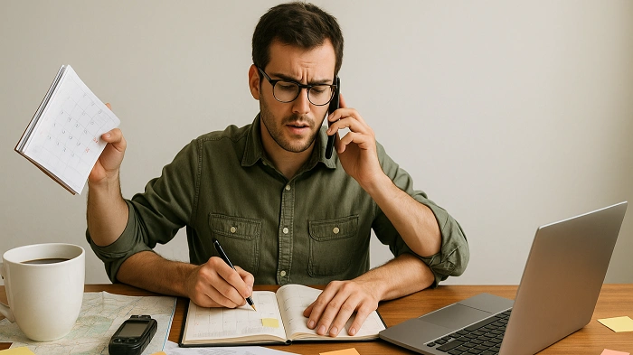 Geocacher plánuje návštěvu eventu – v jedné ruce kalendář, v druhé telefon, před sebou poznámky, mapa, notebook a hrnek kávy.