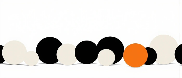 Minimalistická ilustrace s řadou černých a béžových kruhů a jedním oranžovým – symbol opakovaného přehlížení stejného cíle při hledání.