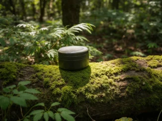 Malá kulatá geocachingová keška položená na mechem porostlém kmeni v lese, zalitá slunečním světlem.