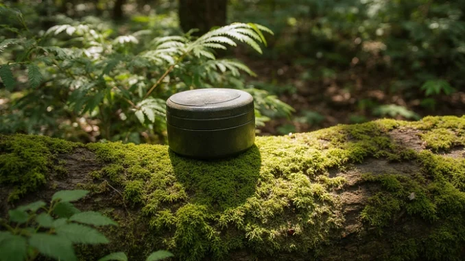 Malá kulatá geocachingová keška položená na mechem porostlém kmeni v lese, zalitá slunečním světlem.