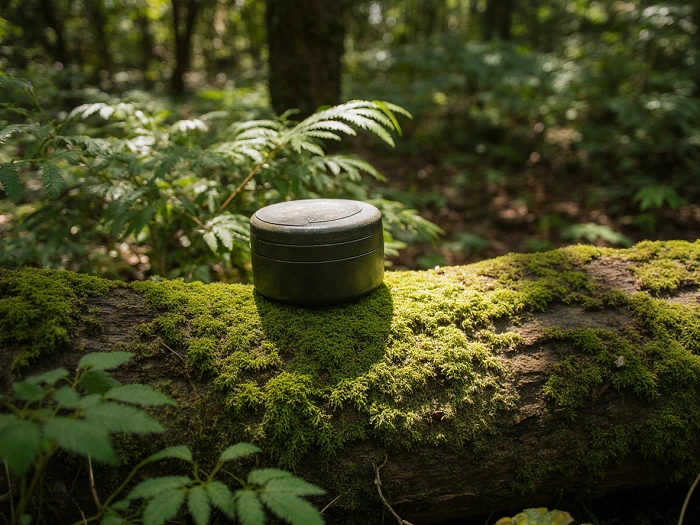 Malá kulatá geocachingová keška položená na mechem porostlém kmeni v lese, zalitá slunečním světlem.