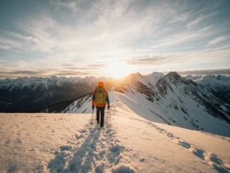 Turista s batohem a trekovými holemi stoupá zasněženou horou při západu slunce – zimní geocachingové dobrodružství v horách.