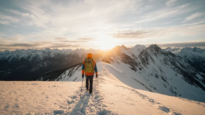 Turista s batohem a trekovými holemi stoupá zasněženou horou při západu slunce – zimní geocachingové dobrodružství v horách.