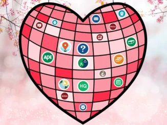 Srdce tvořené ikonami různých typů geocachingových keší symbolizující rozmanitost hry geocaching.