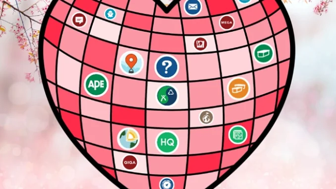 Srdce tvořené ikonami různých typů geocachingových keší symbolizující rozmanitost hry geocaching.