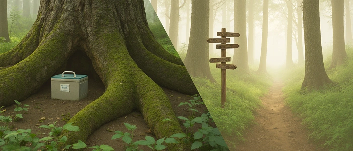 Geocachingová schránka ukrytá v kořenech stromu a dřevěný směrový ukazatel na lesní cestě – symbol fyzických a virtuálních zastávek u multi-keší.