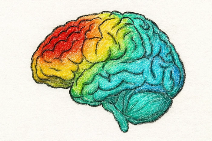 Ilustrace mozku nakreslená pastelkami v barvách od červené po modrou – znázornění únavy a poklesu pozornosti při geocachingu.