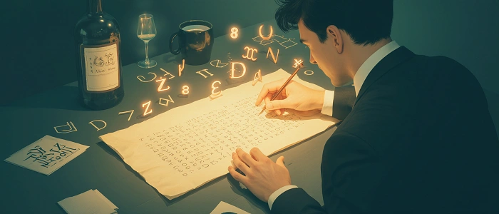 Muž v obleku zapisuje tajemné znaky na pergamen, kolem něj levitují písmena a symboly, symbolizující řešení záhad a šifer v mystery keších.
