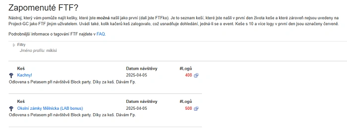 Stránka Project-GC se seznamem zapomenutých FTF keší – přehled nálezů, které nebyly označeny jako první v logu.