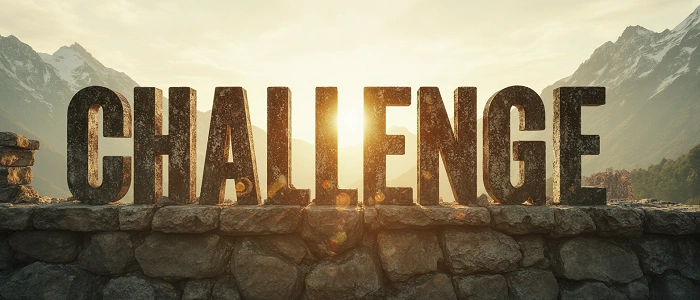 Slovo Challenge vytesané do kamene na horském pozadí při východu slunce symbolizuje nové úrovně výzev v geocachingu.