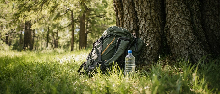 Batoh a láhev s vodou opřené o kmen stromu v zelené trávě, připravené na další outdoor aktivity.