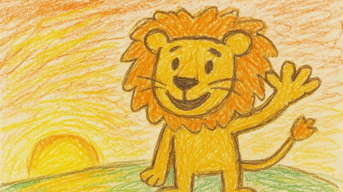 Dětsky kreslený lev mávající na rozloučenou při západu slunce.