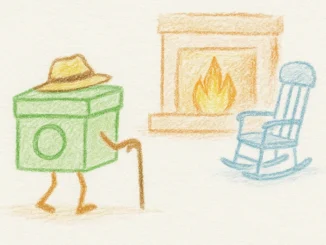 Kreslená ilustrace keše s kloboukem a holí, která odchází do důchodu směrem ke krbu a houpacímu křeslu – symbol archivace keší v geocachingu.