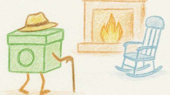 Kreslená ilustrace keše s kloboukem a holí, která odchází do důchodu směrem ke krbu a houpacímu křeslu – symbol archivace keší v geocachingu.