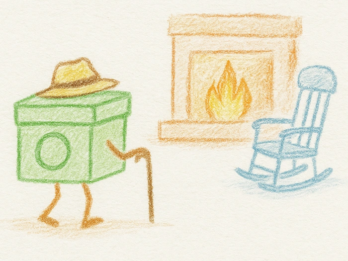 Kreslená ilustrace keše s kloboukem a holí, která odchází do důchodu směrem ke krbu a houpacímu křeslu – symbol archivace keší v geocachingu.
