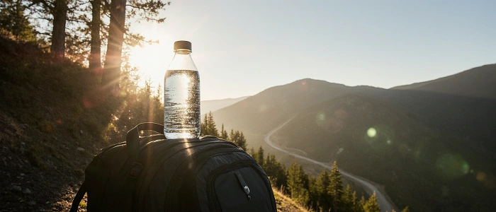 Lahev s vodou na batohu v ranním slunci s výhledem na horskou cestu – připomínka důležité hydratace na výletě.