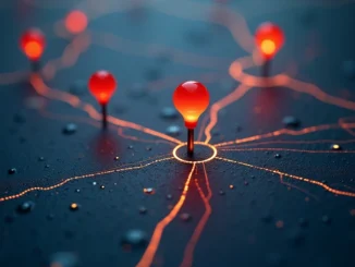 Síť světelných bodů na mapě symbolizující geocachingové nálezy a jejich propojení kdo kde kešoval