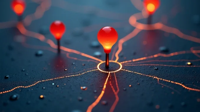 Síť světelných bodů na mapě symbolizující geocachingové nálezy a jejich propojení kdo kde kešoval