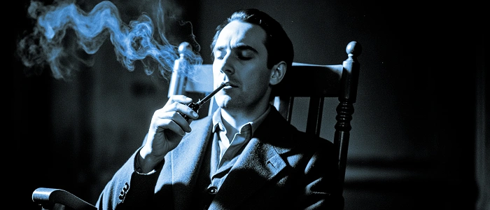 Detektiv v noir stylu sedící v houpacím křesle a přemýšlející s dýmkou v ruce, symbol logického uvažování při tvorbě mystery cache.