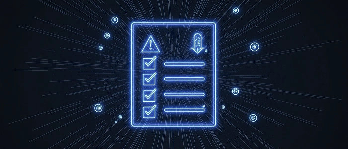 Neonový obrázek kontrolního seznamu s ikonami upozornění, symbolizující pravidla a kontroly, které reviewer v geocachingu provádí.