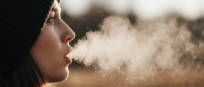 Detail výdechu v chladném vzduchu – mikrokapky vody viditelné při dýchání venku.