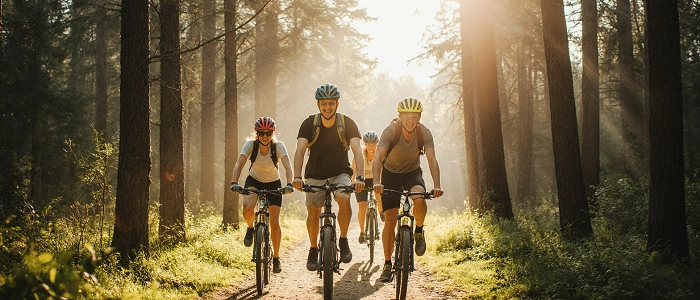 Skupina cyklistů jede lesní cestou v paprscích ranního slunce, atmosféra svobody a radosti z pohybu v přírodě.