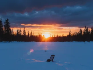 Zimní západ slunce při prosincovém slunovratu nad zasněženou krajinou s lesem na horizontu a geocachingovou navigací ve sněhu.