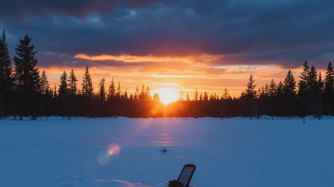Zimní západ slunce při prosincovém slunovratu nad zasněženou krajinou s lesem na horizontu a geocachingovou navigací ve sněhu.