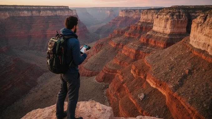 Geokačer objevující geologický útvar v přírodě při odlovu Earthcache – místo krabičky poznává kus planety.