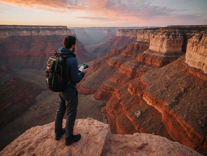 Geokačer objevující geologický útvar v přírodě při odlovu Earthcache – místo krabičky poznává kus planety.