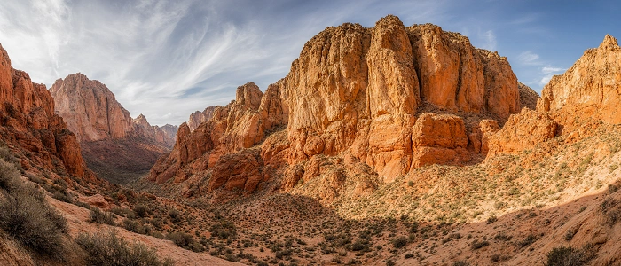 Panoramatický pohled na monumentální geologické skalní útvary v suché horské krajině.