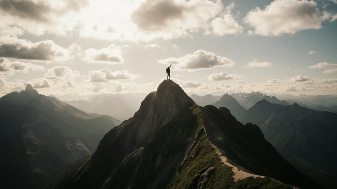 Geokačer stojí na vrcholu hory a symbolizuje dosažení osobních rekordů v geocachingu díky funkci Extremes by area na Project-GC.