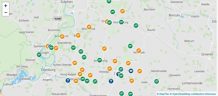 Mapa všech 45 keší z GeoTour Bronckhorst v nizozemském regionu Achterhoek.