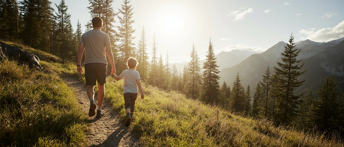 Rodič s dítětem kráčí po horské stezce při západu slunce, symbol rodinného objevování a učení v přírodě.