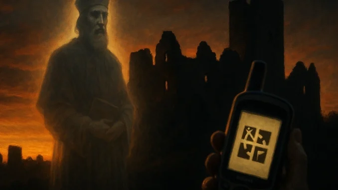 Geocacher s GPS v ruce sleduje siluetu Borotínského hradu při západu slunce, před ním se zjevuje duch Mistra Jana z Borotína v tajemné záři.